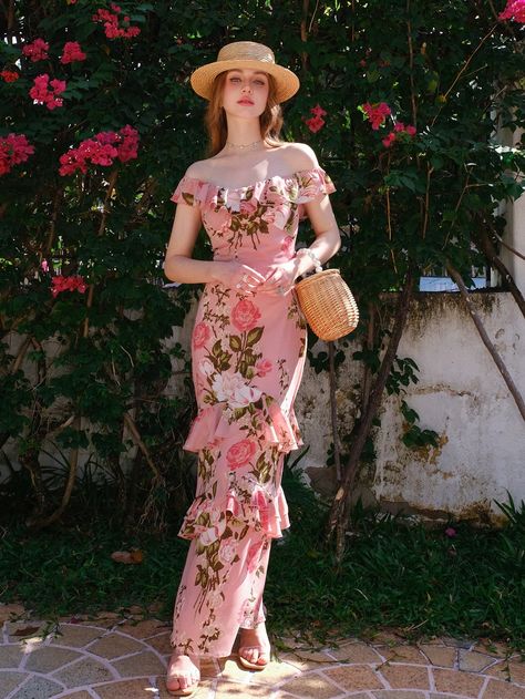 Pink Elegant Collar Sleeveless Woven Fabric Floral A Line Embellished Non-Stretch  Women Clothing Theatrical Romantic Casual Outfit, Theatrical Romantic Casual, Romantic Casual Outfit, Theatrical Romantic, Fitted Maxi Dress, Rose Bonbon, Fabric Floral, Women Midi, Mermaid Dress