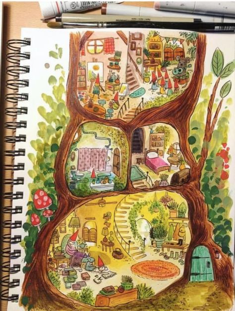 Drawing Fairy House, House Tree Person Drawing, Drawing Ideas Whimsical, House In Tree Drawing, Tiny World Art, Dream Life Drawing, Whimsical House Drawing, Fairytale Drawings Easy, Tiny House Drawing