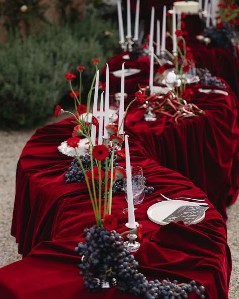 Redleaf and red velvet, an ultimate pairing. What a dream to live in. Photography | @reverieweddings_ Stylist | @rufflesandbells Videography | @sambattinfilms Florist | @willow_and_bear Hair Stylist | @raniakhourihair Make Up Artist | @caraghhayesmakeup Venue | @redleafwollombi Hire | @harrythehirer and @lovestoned.hire Stationery | @studiosilva_ Printing | @smadadesignandprint Table Draping | @maison.paper Cake | @butter.au Content Creator | @blancstudio.au Dress Boutique | @spherebridalgal... Red Wedding Accents, Table Draping, Red Velvet Wedding Cake, Wedding Musts, Vday Party, Romantic Decorations, Burgundy Wedding Colors, Red Centerpieces, Vampire Ball