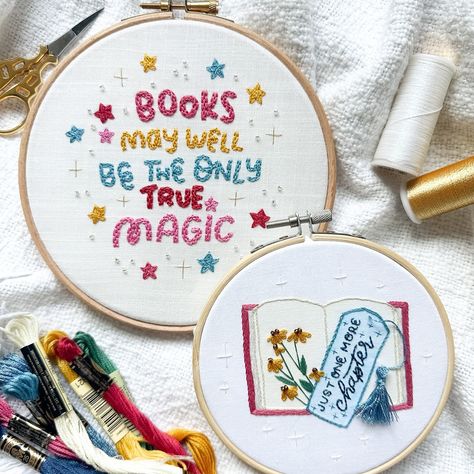 ✨ Literary Magic Embroidery Patterns ✨ Celebrate the enchantment of reading with the “Just One More Chapter” and “Books Are Magic” patterns, available to my patrons for the month of July! Sign up via the link in my bio! 📚 Just One More Chapter: Featuring a lil book with a delicate bookmark (complete with light effects tassel!!). 🌟 Books Are Magic: Fun and playfullettering crafted with thread and delicate beading, adding a touch of sparkle and literary magic. Perfect for book lovers and st... Books Are Magic, Magic Embroidery, Just One More Chapter, One More Chapter, Month Of July, The Enchantments, Embroidery Patterns, Book Lovers, Beading