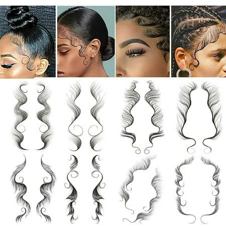 Edges Curly Hair, Tattoo Edges, High Arch Eyebrows, Edge Tattoo, Hair Stickers, Curly Hair Salon, Hair Tattoo, Arched Eyebrows, Waterproof Baby