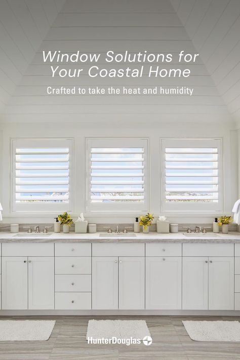 A home near the beach evokes images of a tranquil, unfussy lifestyle. That comfortable vibe extends to a beach home’s interior design. Window treatments play a starring role in a beach home. They’re key to anchoring a room—but they also need to preserve the view, protect furnishings from sun and stand up to heat and humidity. Click to learn more about layering textures and choosing the right solution for your beach vacation home.   Image: Tria Giovan Design: Carly Ahlman Design Beach House Blinds Window Coverings, Beach House Blinds, Coastal Style Windows, Coastal Home Window Treatments, Beach House Window Treatments, White Shutter Blinds Coastal, Coastal Window Treatments, Beach Vacation Home, Design Window