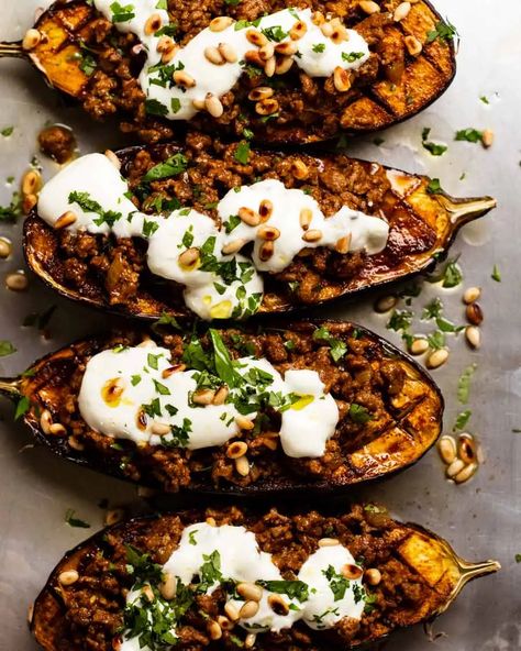 Moroccan Stuffed Eggplant with Chermoula spice mix | RecipeTin Eats Stuffed Eggplant, Pumpkin Salad, Recipetin Eats, Recipe Tin, Baked Eggplant, Roast Eggplant, Lean Beef, Eggplant Recipes, Crushed Tomatoes