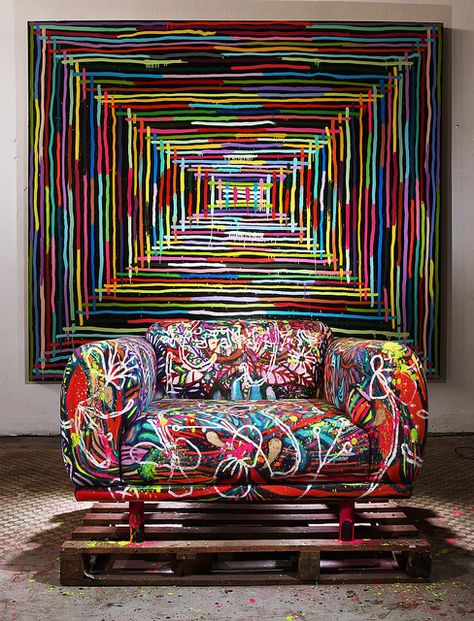 Modern. Mixed Media. Graffiti. Furniture. Home Decor. Design. v/Flickr. Sofa Painting, Graffiti Furniture, Sofa Art, Samuel Kim, Funky Home Decor, Deco Originale, Funky Furniture, Funky Painted Furniture, Art Furniture