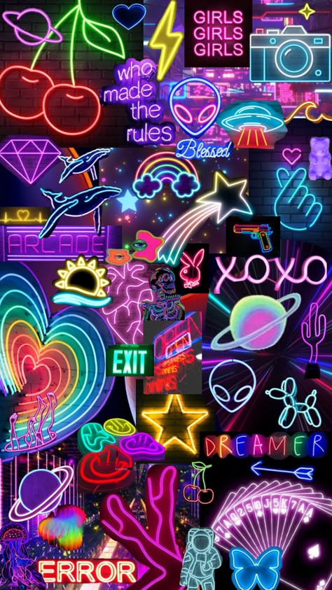 Neon 😍 Neon Collage Aesthetic, Neon Ipad Wallpaper, Neon Backgrounds Aesthetic, Neon Dark Aesthetic, Neon Halloween Wallpaper, Neon Purple Background, Led Light Background, Neon Doodles, Dark Neon Aesthetic