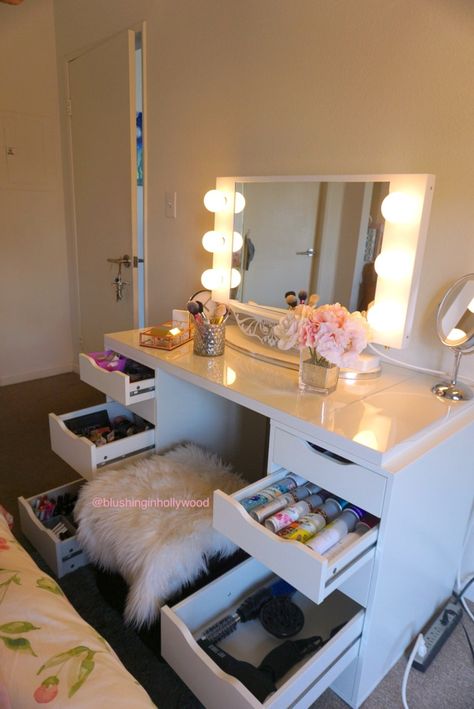 DIY Ikea ALEX Vanity - Blushing in Hollywood Alex Vanity Ikea, Ikea Desk And Vanity, Ikea Vanity Hack, Ikea Alex Vanity, Alex Vanity, Ikea Vanity Table, Ikea Rast Nightstand, Vanity Ikea, Ikea Makeup Vanity