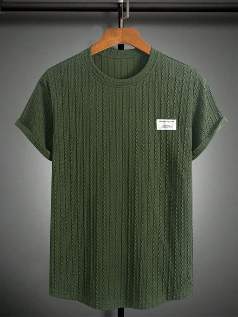 Men Textured Fabric Casual T-Shirt, Minimalist Fashion For Everyday Wear Army Green Casual  Short Sleeve Polyester Colorblock,Letter  Slight Stretch  Men Clothing, size features are:Bust: ,Length: ,Sleeve Length: Men Crewneck, Printed Polo Shirts, Knit Men, Summer Fashion Beach, Casual Cap, Linen Women, Swimwear Fashion, Textured Fabric, Casual T Shirt