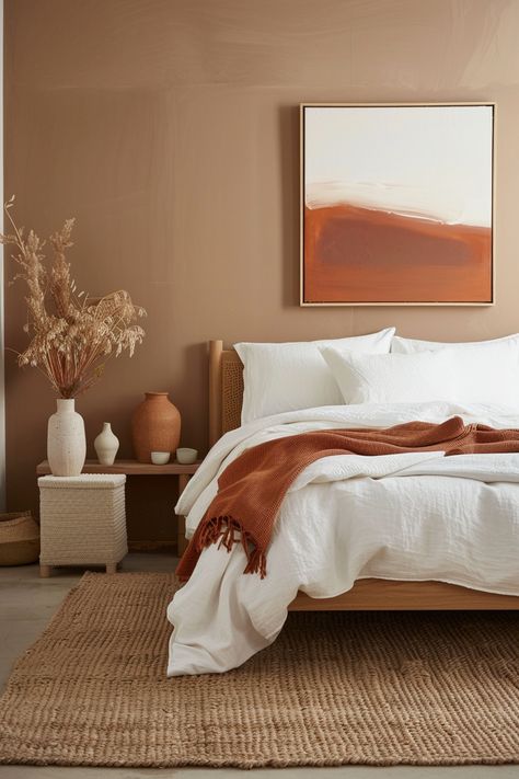 15 Tips for Creating a Terracotta and Sage Bedroom: Embrace Warmth and Tranquility – Everyday Inspo Rust Wall Color Bedroom, Bedroom Design Terracotta, Terracotta And White Bedroom, Terra Cotta Bedroom Walls, Clay Color Bedroom, Clay Colored Bedroom, Cozy Calm Bedroom, Desert Style Bedroom, Earthy Bedroom Color Scheme