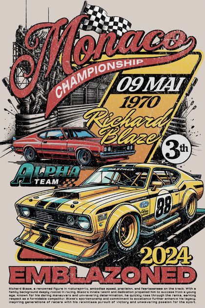 Car Graphic Design Illustration, Vintage Car Graphic Design, Race Car Graphic Design, Classic Cars Graphic Design, Vintage Car T Shirt Design, Tshirt Illustration, Racing Graphic Print T-shirt For Motorcycling, Striped Art, Retro Typography