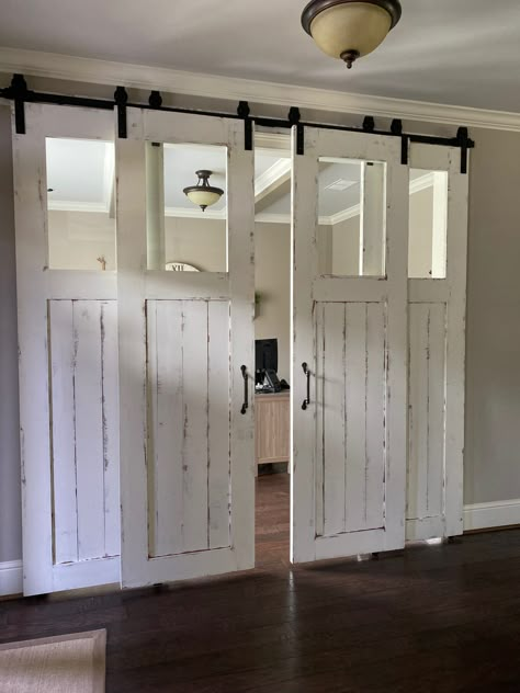 Barn Door For Sliding Glass Door, Slim Barn Doors, 4 Panel Barn Doors, Indoor Double Sliding Doors, Flex Room Barn Door, Pantry Barn Doors Sliding Farmhouse, Barn Door Over Stairs, Large Barn Doors In The House Bedroom, Custom Barn Doors In The House