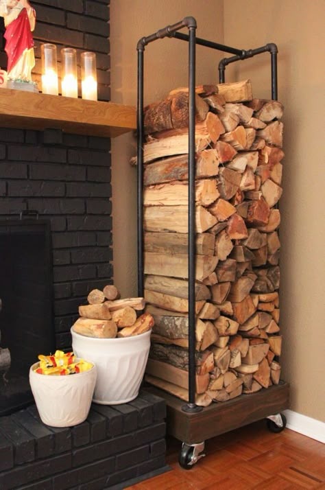 pipe projects Firewood Holder, Firewood Rack, Firewood Storage, Plumbing Pipes, Pipe Furniture, Plumbing Pipe, The Fireplace, Cabin Life, Rustic Industrial