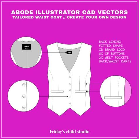 Editable/downloadable Adobe Illustrator (AI) file - basic AI skills needed for editing vectors.
A quick and easy way of mocking up your own designs and using as part of factor specs / tech packs

Tailored waist coat CAD drawings/vectors.

This CAD/vector is made up of different pieces/elements making it easily editable to your designs - Add your own colour palette / branding / design elements. Blazer Technical Drawing, Leather Jacket Technical Drawing, Cardigan Technical Drawing, Jacket Technical Drawing, Vest Technical Drawing, Tech Pack, Flat Sketches, Cad Drawing, Technical Drawing