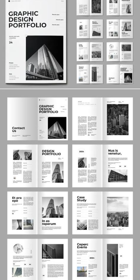 Designed by PixWork, this graphic design portfolio template is a stunning A4-sized creation designed using Adobe InDesign, featuring 16 pre-designed and fully customizable pages. The template showcases a modern and minimalist aesthetic, utilizing a clean and structured layout that effectively balances text and imagery. A4 Presentation Design, Post Modernism Graphic Design, Book Interior Design Layout, Minimalist Graphic Design Portfolio, Architecture Portfolio Layout Templates, Indesign Layout Templates, Minimalist Portfolio Design, Minimalistic Portfolio, Indesign Ideas