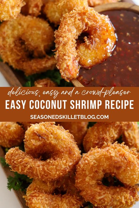 This Coconut Shrimp recipe features juicy shrimp encased in panko breadcrumbs and shredded coconut, fried to crispy golden brown perfection. Paired with a sweet chili dipping sauce, this restaurant favourite is a family-friendly finger food! Coconut Crusted Shrimp, Coconut Fried Shrimp, Popcorn Shrimp Recipe, Chili Dipping Sauce, Shrimp Dinners, Coconut Shrimp Recipe, Shrimp Bbq Recipes, Best Sauce Recipe, Sweet Chili Dipping Sauce