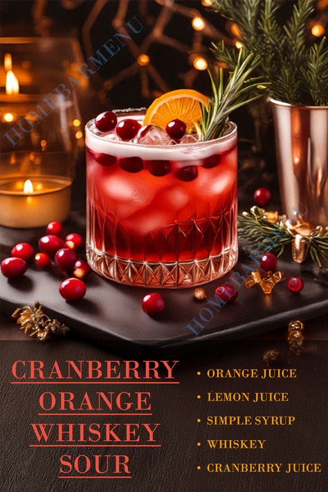 The Cranberry Orange Whiskey Sour is a festive twist on the classic whiskey sour, blending the tangy sweetness of cranberry and orange with the bold depth of whiskey. This cocktail is a perfect balance of tart citrus and smooth whiskey, making it ideal for holiday gatherings or any occasion that calls for a touch of sophistication. With its vibrant ruby hue and refreshing flavor, the Cranberry Orange Whiskey Sour is a showstopper that’s as delightful to look at as it is to sip. Cranberry Whiskey Sour Recipe, Cranberry Orange Whiskey Cocktail, Whisky Mixed Drinks, Whisky Christmas Cocktail, Whiskey Sour Recipes, Cranberry Orange Whiskey Sour, Whiskey Winter Cocktails, Holiday Whiskey Drinks, Jameson Orange Whiskey Drinks