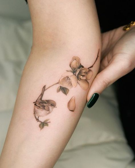 Garden Bird Tattoo, Wren Bird Tattoo, Floral Bird Tattoo, Wren Tattoo, 3 Bird Tattoos For Women, Bird Tattoos, Chickadee Tattoo, Bird And Flower Tattoo, Peony Flower Tattoos