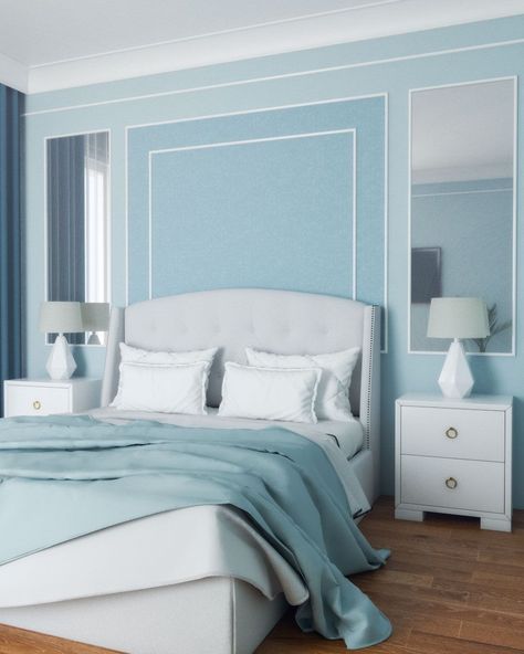 Blue Interior Bedroom Design, Blue Color Room Ideas Bedrooms, Light Blue Bedrooms Ideas, Light Blue Home Interior, Light Color Bedroom Walls, Bedroom Color Theme Ideas, Blue Bedrooms For Girls Ideas, Light Blue Bedroom Decor Ideas, Girl Blue Bedroom Ideas