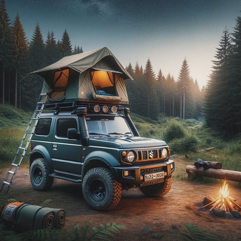 Jimny with tent at the roof top. Cozy adventure begins #jimny #4x4 Jimny Camping, 2025 Manifestation, Jimny Jb74, Jimny 4x4, Jimny Suzuki, Camping Inspiration, Vintage Jeep, Car Tattoos, Road Adventure