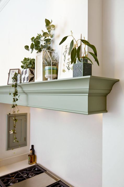 Kitchen Chimney Breast Shelf, Kitchen Mantel Shelf, Sage Green Kitchen Open Shelving, Sage Green Shelf Decor, Sage Green Shelves, Kitchen Mantle Over Hob, Sage Green Shelf, Painted Mantel, Green Country Kitchen