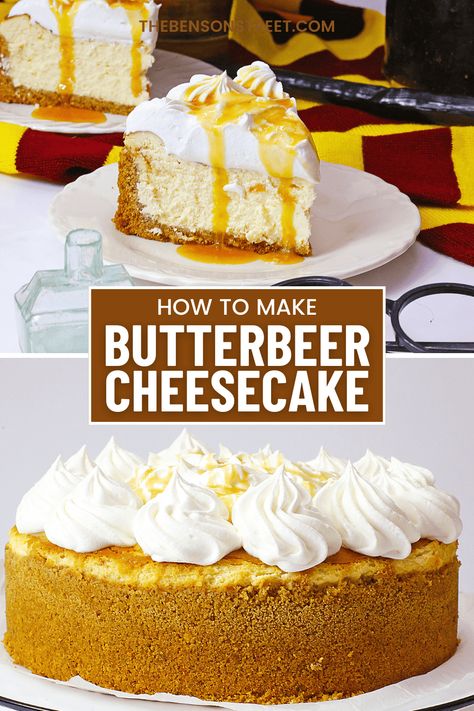 Head to the Wizarding World of Harry Potter with this Butterbeer Cheesecake Recipe. This traditional cheesecake adds in flavors inspired by the butterbeer drink perfect for a Harry Potter fan to enjoy. Butterbeer Dessert Recipes, Harry Potter Butter Beer Cheesecake, Hogwarts Butterbeer Cheesecake, No Bake Thanksgiving Cheesecake, Harry Potter Inspired Desserts, Harry Potter Christmas Cookies, Butter Beer Cheesecake, Harry Potter Cheesecake, Butterbeer Cheesecake Recipe