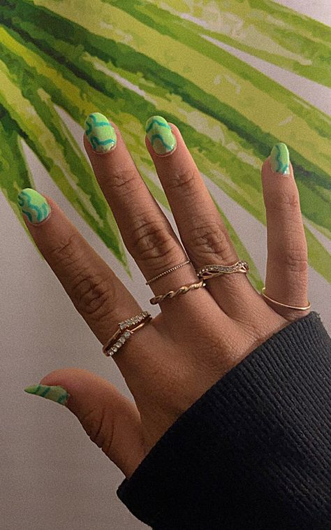 Aesthetic green squiggly nails with rings Green Nail, Dream Nails, Green Nails, Nail Inspo, Engagement Rings, Nails, Green, Quick Saves