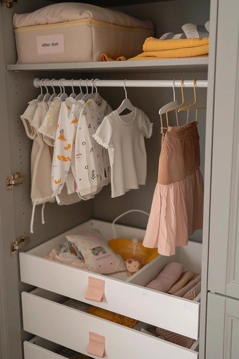 Nursery Closet Organization Ideas for New Parents Nursery Organization Dresser, Nursery Closet Storage, Nursery Closet Organization Ideas, Nursery Dresser Organization, Nursery Closet Organization, Dresser In Closet, Storage Solutions Closet, Baby Closet Dividers, Closet Organization Ideas