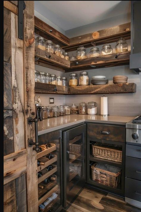 Barndo Kitchen Ideas Modern, Barndo Kitchens, Country Rustic Kitchen Ideas, Farmhouse Pantry Ideas, Modern Country Interior Design, Farmstead Kitchen, Barndo Kitchen, Rustic Wooden Kitchen, Barn House Kitchen