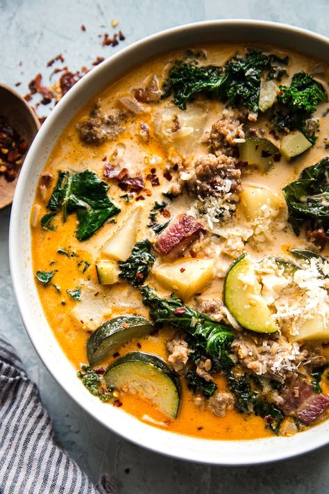 Hot Sausage Recipes, Sausage And Kale Soup, Creamy Soup Recipes, Turkey Breakfast Sausage, Zuppa Toscana Soup, Tuscan Soup, Toscana Soup, The Modern Proper, Modern Proper