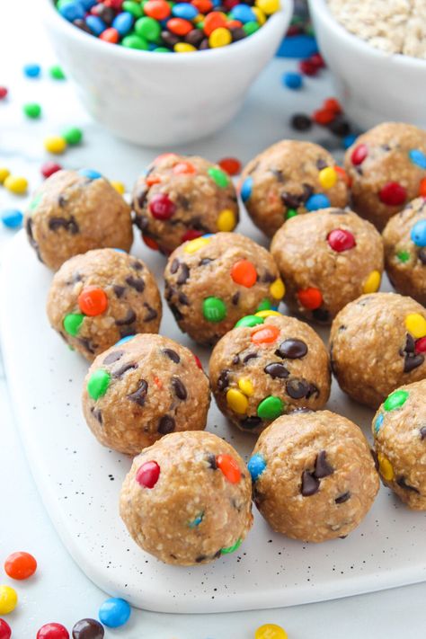 Monster Cookie Energy Balls | Baking You Happier Monster Cookie Energy Balls, Monster Cookie, After School Snack, School Snack, Quick Oats, After School Snacks, Energy Balls, Lunch Boxes, Vegetarian Chocolate