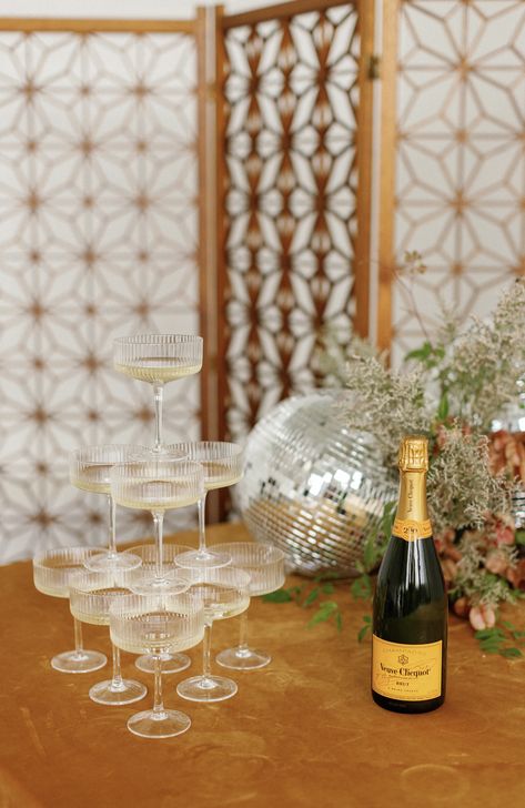 Retro/disco wedding champagne tower inspiration Champagne Tower Engagement Party, Mini Champagne Tower Wedding, Coupe Champagne Tower, Mini Champagne Tower, Small Champagne Tower, Retro Disco Wedding, Champagne Tower Wedding, Engagement Party Decorations Diy, Small Reception