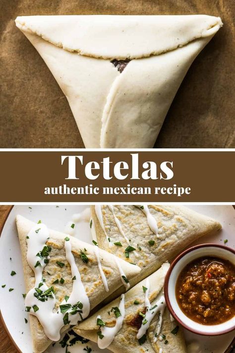 Tetelas are a traditional Mexican dish made from a triangular-shaped corn masa harina dough that's filled with black beans and cheese. This authentic recipe is cooked in a dry skillet and is perfect for breakfast, lunch, and dinner! Authentic Corn Tortilla Recipes, Traditional Meals, Corn Tortilla Meals, Vegetarian Mexican Food Recipes, Healthy Mexican Recipes Authentic, Easy Mexican Breakfast, Mexican Food Recipes Corn Tortillas, Authentic Quesadilla, Tetelas Recipe