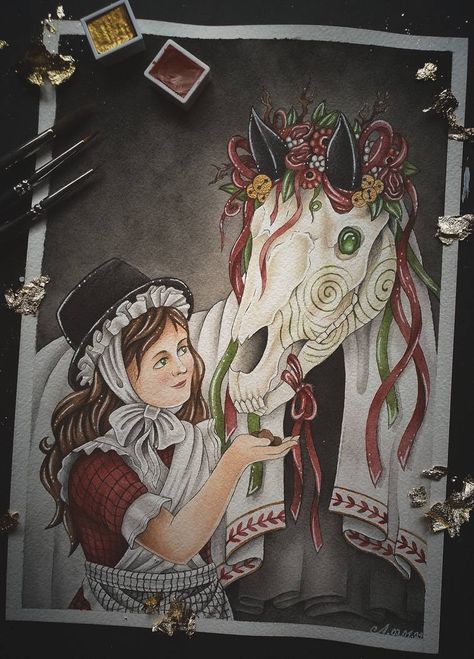 Mari Lwyd Tattoo, Mari Lwyd Art, Holiday Tattoos, Dover Demon, Welsh Mythology, Mari Lwyd, Skull Masks, Tattoos 2023, Horse Skull