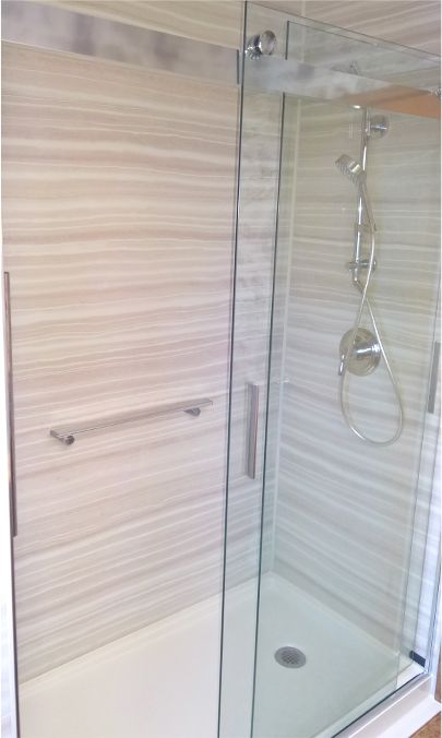 Kohler Shower Panels, Luxstone Showers, Kohler Luxstone Showers, Kohler Luxstone, Corian Bathroom Showers, Kohler Shower System, Shower Transformation, Corian Bathroom, Kohler Shower