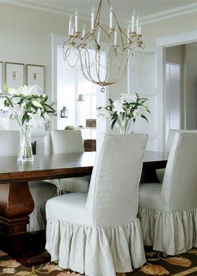 Willow Decor: About the Italian Chandelier! Neutral Dining Room, White Chairs, Eating Area, Shabby Style, Diy Chandelier, Parsons Chairs, Dining Room Inspiration, Slipcovers For Chairs, Breakfast Room