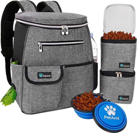 Gray travel dog backpack with collapsible dog bowls and two dog food containers. Pocket Food, Backpack Organizer, Bag Supplies, Pet Camping, Collapsible Bowl, Pet Travel Bag, Dog Travel Bag, Pet Backpack Carrier, Backpack Organization