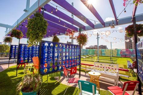 Discover An Adult Outdoor Playground That's Like A Dream Come True At Utopian Tailgate In Illinois Outdoor Bar Seating, Happy Hobbies, Rooftop Bar Design, Container Park, Food Truck Park, Mall Ideas, Adult Playground, Mini Mart, Sport Bar