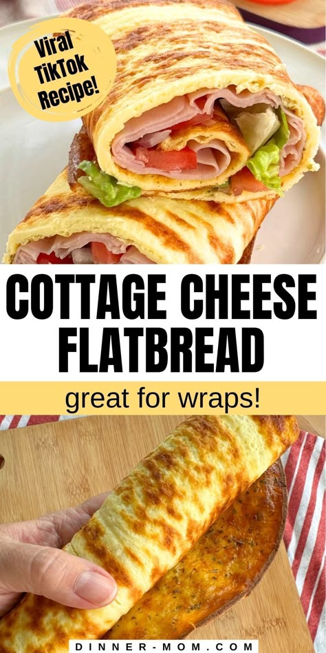 Cottage cheese flatbread is a high-protein, low-carb recipe of your dreams made with just 2 ingredients plus spices. Flatbread made with cottage cheese is the latest viral sensation on TikTok, and it's definitely a keeper. It's easy to make (just mix and bake) and is easily customized with your favorite seasonings. Make a simple, keto-friendly wrap for lunch! The texture is light, fluffy, and absolutely delicious. Cottage Cheese And Eggs, Cottage Cheese Dessert, Cottage Cheese Bread, Bread Alternative, Cottage Cheese Dessert Recipes, Low Carb High Protein Meals, Cottage Cheese Recipe, Cottage Cheese Recipes Healthy, Cottage Cheese Desserts