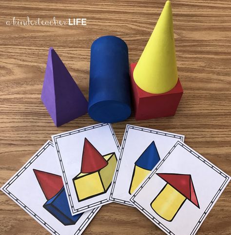 12 Hands-on shape activities. Activities include sorting shapes by attributes, building shapes with play dough, building shapes using positional words, writing a shape book and riddles and puzzles 3 D Shapes Preschool Activities, 3d Shape Craft, 3d Shapes Kindergarten Activities, Playkit Ideas, Partitioning Shapes, Shape Activities Kindergarten, 2d 3d Shapes, Kindergarten Geometry, 3d Shapes Activities