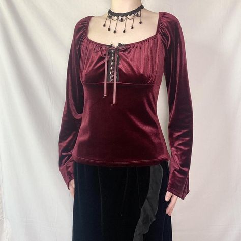 vintage 90’s red velvet blouse  vintage vampy gothic... - Depop Cutesy Outfits, Red Velvet Blouse, Goth Styles, Cutesy Outfit, Whimsical Goth, 90s Velvet, Dark Mori, Velvet Blouse, Dark Fairy