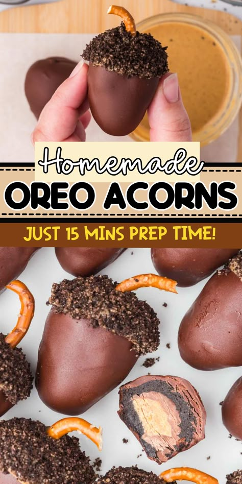 These acorn Oreo balls are the cutest acorn treats for fall parties sand Thanksgiving! Thanksgiving Oreo Truffles, Thanksgiving Popcorn Balls, Acorn Oreo Balls, Oreo Balls Thanksgiving, Fun Thanksgiving Treats For Kids, Thanksgiving Oreo Balls, Call Snacks, Acorn Truffles, Thanksgiving Balls