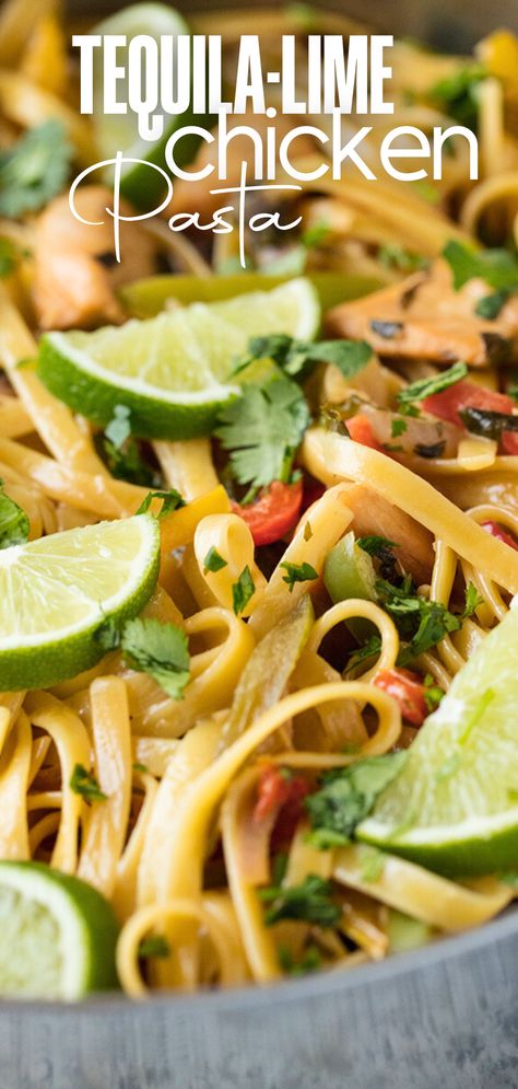 A close up view of tequila-lime chicken pasta garnished with cilantro and lime slices. Tequila Lime Chicken Fettuccine, Tequila Lime Chicken Pasta, Tequila Pasta, Tequila Chicken, Tequila Lime Shrimp, Tequila Lime Chicken, California Pizza Kitchen, California Pizza, Kfc Chicken