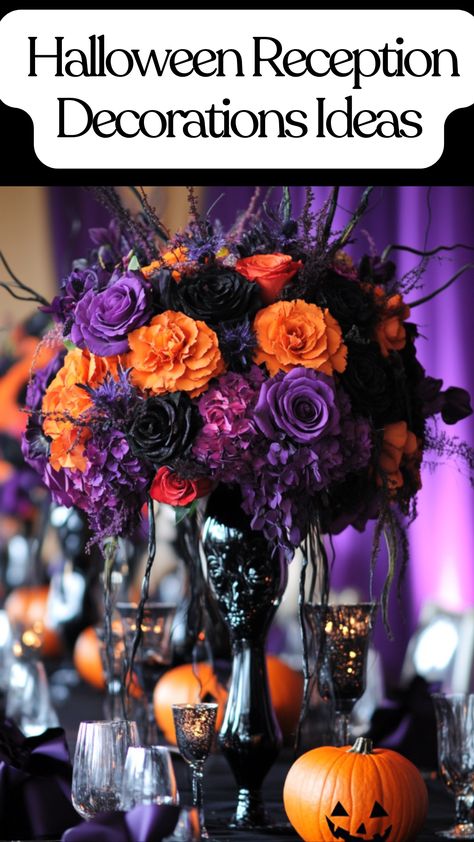 Elegant Halloween wedding reception decor featuring black, purple, and orange accents, including eerie centerpieces and bold floral arrangements. Halloween Wedding Ideas Diy, Halloween Wedding Color Palette, Halloween Wedding Reception Ideas, Spooky Wedding Decor, Halloween Wedding Reception Decorations, Spooky Wedding Ideas, Halloween Theme Wedding, Halloween Wedding Decor, Halloween Gala