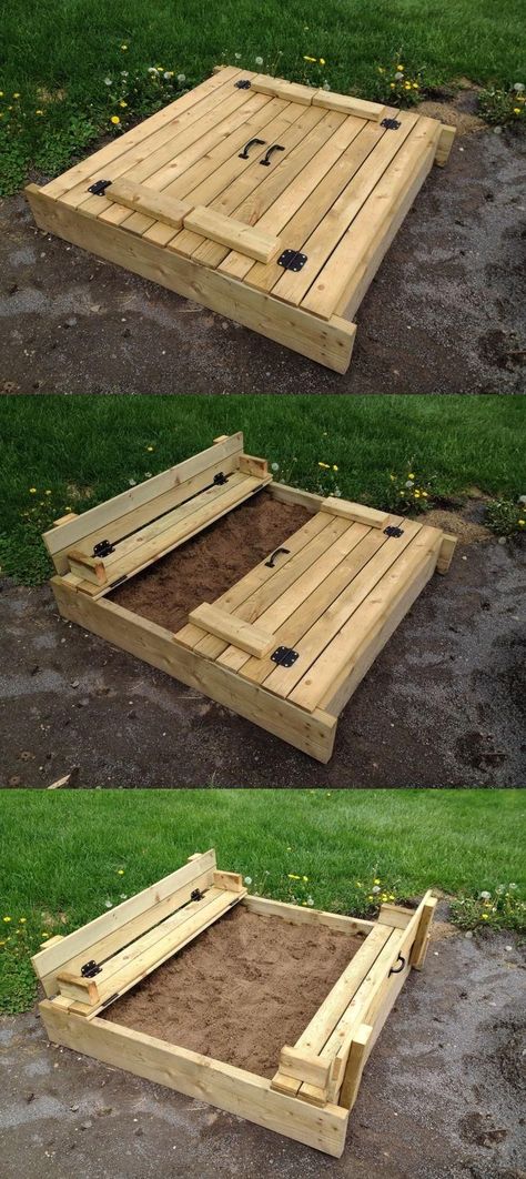 Homemade Sandbox Ideas, Covered Sandbox Ideas, Sandbox Ideas, Diy Sandbox, Kids Sandbox, Outdoor Play Spaces, Backyard Kids Play Area, Folding Bench, Outdoor Play Areas