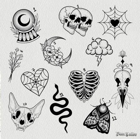 Grunge Filler Tattoos, Flash Piece Tattoo, Cool Filler Tattoos, Gothic Flash Sheet, Planchette Flash Tattoo, Spooky Ankle Tattoo, Witchy Tattoo Flash Sheet, Gothic Flash Art, Emo Leg Tattoos