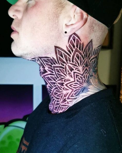 Dot Work Neck Tattoo Men, Mandala Throat Tattoo Men, Mandala Neck Tattoo Men, Mandala Throat Tattoo, Full Throat Tattoo Men, Filler Tattoo Ideas Gap Men, Geometric Neck Tattoo, Geometric Throat Tattoo, Throat Tattoo Ideas