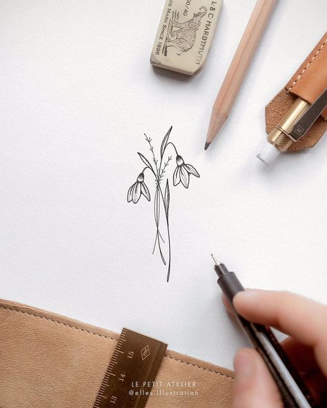 January birthflower snowdrop minimalistic tattoo design birth flower fineliner illustration ↟ Elles Nijland ↟ Le Petit Atelier • @elles.illustration Snowdrop Birth Flower Tattoo, Snowdrop Butterfly Tattoo, Snowdrop Flower Tattoo Behind Ear, July And January Flower Tattoo, January Birth Tattoo Ideas, Tattoo Snowdrop Flower, January Flower Tattoo Snowdrop, Snowdrop Line Tattoo, Snowdrop Flower Drawing Simple