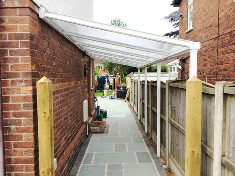 Side Veranda, Newcastle-under-Lyme, Staffordshire, Mrs Zandy Side Passage Ideas, Side Alley Ideas, Patio Veranda, Corrugated Roof, Sas Entree, Curved Pergola, Shed Landscaping, Rustic Pergola, Lean To Roof