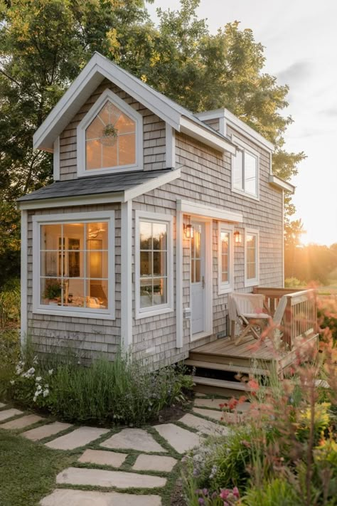 Think tiny homes aren't for families? Think again! This two story tiny house cottage offers the perfect solution for comfortable family living. #FamilyLiving #TinyHouseFamily #CottageForFamilies Tiny House Neighborhood Layout, Tiny White House, Tiny Home Layout Ideas, Tiny Home Inspiration, Backyard Cottage Guest House, Tiny House On Wheels Interior, Tiny Family Home, Small Cottage Homes Interior, Tiny Homes Cottage