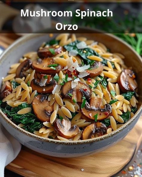 Recipes Vista | Savory Mushroom Spinach Orzo Delight | Facebook Orzo And Mushrooms, Creamy Spinach And Mushroom Orzo Julia, Mushroom Orzo Recipes, Spinach Mushroom Orzo Recipes, Orzo Recipes Mushroom, Orzo Spinach Mushroom, Orzo Mushroom Spinach, Mushroom Spinach Orzo, Mushroom Orzo