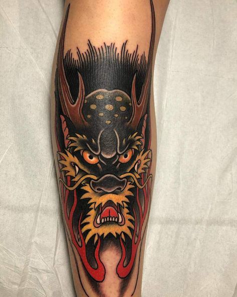 Trad Tattoo Cover Up, Dragon Head Tattoo Traditional, Dragon Cat Tattoo, Japanese Dragon Face Tattoo, Japanese Black And Grey Tattoo, Traditional Dragon Head Tattoo, Old School Dragon Tattoo, Neo Traditional Dragon Tattoo, Japanese Dragon Head Tattoo